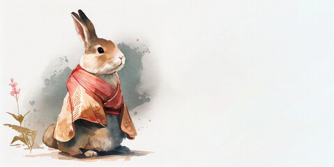 Watercolour background with rabbit, leaves and place for text. Illustration for Lunar Chinese New Year or for the Easter card and invitation, book and calendar with place foe text. AI generative