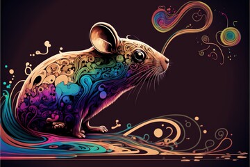  a colorful mouse with a swirly tail and a black background with a swirly tail and a black background with a swirly tail and a colorful mouse with a black background. Generative AI