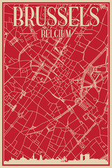 Red hand-drawn framed poster of the downtown BRUSSELS, BELGIUM with highlighted vintage city skyline and lettering