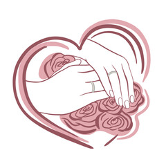 just married Newlyweds newlywed hands and wedding rings with a bouquet of roses. Line art Bride and groom couple in love. Happy family maternity concept; Hand drawn vector illustration. 