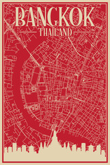 Red hand-drawn framed poster of the downtown BANGKOK, THAILAND with highlighted vintage city skyline and lettering