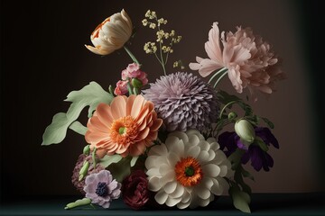  a bouquet of flowers is shown in a dark room with a black background and a gold fish on the table top in the center of the picture is a dark room with a dark background. Generative AI