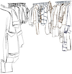 Hand drawn wardrobe sketch. Furniture. Clothes on the hanger