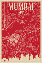 Red hand-drawn framed poster of the downtown MUMBAI, INDIA with highlighted vintage city skyline and lettering