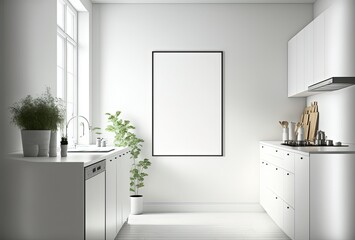 illustration of mock-up wall decor frame, empty frame in kitchen room	 Generative Ai	