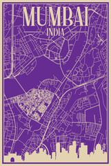 Purple hand-drawn framed poster of the downtown MUMBAI, INDIA with highlighted vintage city skyline and lettering