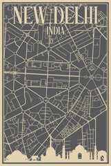 Grey hand-drawn framed poster of the downtown NEW DELHI, INDIA with highlighted vintage city skyline and lettering