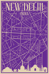 Purple hand-drawn framed poster of the downtown NEW DELHI, INDIA with highlighted vintage city skyline and lettering
