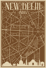 Brown hand-drawn framed poster of the downtown NEW DELHI, INDIA with highlighted vintage city skyline and lettering