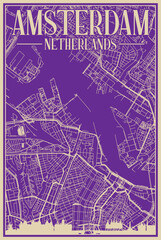Purple hand-drawn framed poster of the downtown AMSTERDAM, NETHERLANDS with highlighted vintage city skyline and lettering