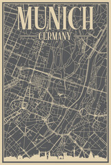 Grey hand-drawn framed poster of the downtown MUNICH , GERMANY with highlighted vintage city skyline and lettering