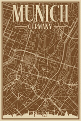 Brown hand-drawn framed poster of the downtown MUNICH , GERMANY with highlighted vintage city skyline and lettering