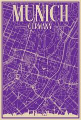 Purple hand-drawn framed poster of the downtown MUNICH , GERMANY with highlighted vintage city skyline and lettering