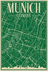 Green hand-drawn framed poster of the downtown MUNICH , GERMANY with highlighted vintage city skyline and lettering