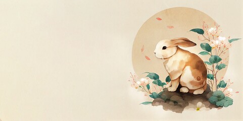 Watercolour background with rabbit, leaves and place for text. Illustration for Lunar Chinese New Year or for the Easter card and invitation, book and calendar with place foe text. AI generative