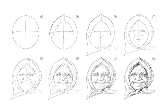 Page shows how to learn to draw sketch of old granny face. Pencil drawing lessons. Educational page for artists. Textbook for developing artistic skills. Online education. Vector image.