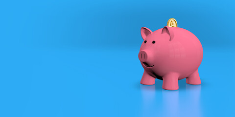 pink piggy bank with a gold coin going inside on a shiny blue surface. 3D Illustration