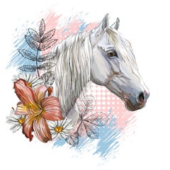 Portrait of a white horse and flowers vector illustration isolated