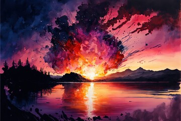 Fototapeta na wymiar a painting of a sunset with a lake and mountains in the background and a red sky with a few clouds and stars above it, and a reflection of water and a mountain in the foreground. Generative AI
