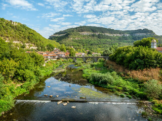 View from above with the medieval buildings and houses in Veliko Tarnovo, the historical and cultural capital of Bulgaria