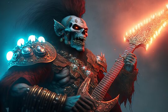 Heavy metal fantasy guitar player. Generative AI
