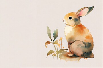 Watercolour background with rabbit, leaves and place for text. Illustration for Lunar Chinese New Year or for the Easter card and invitation, book and calendar with place foe text. AI generative
