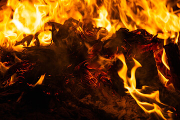 Close-up of the embers and ashes in a campfire