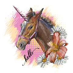 Fototapeta na wymiar Portrait of a unicorn and flowers vector illustration isolated