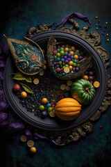 Fototapeta premium Mardi gras, carnival mask, food and traditional decor in round tray. Generative AI, AI generated illustration. Flat lay, top view from above. Square composition on dark background.