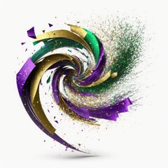 Dynamic digital twirl from glitter and shiny foil pieces. Generative AI, AI generated illustration. Mardi Gras colors - purple, green, gold. Square composition isolated on white.