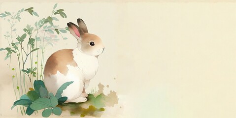Watercolour background with rabbit, leaves and place for text. Illustration for Lunar Chinese New Year or for the Easter card and invitation, book and calendar with place foe text. AI generative