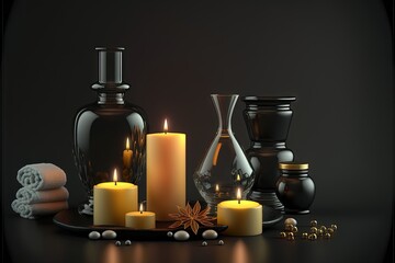 Obraz na płótnie Canvas a candle, bottles, candles, and other items are on a table with a black background and a black background is also visible in the picture, and the candle is lit up close. Generative AI