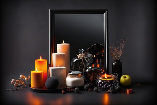  a picture frame with candles and other items on a table next to it, and a mirror with a reflection of a candle on it, and a candle holder with a candle. Generative AI