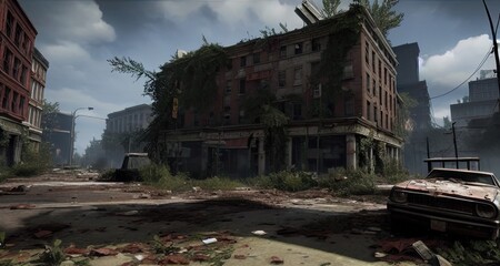 Post-Apocalypse Abandoned City Streets Buildings Created with Generative AI Technology