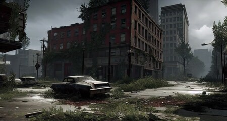Post-Apocalypse Abandoned City Streets Buildings Created with Generative AI Technology