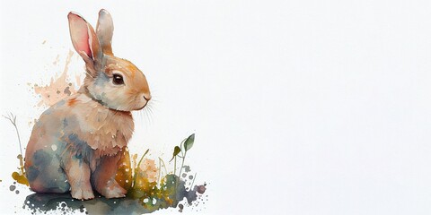 Watercolour background with rabbit, leaves and place for text. Illustration for Lunar Chinese New Year or for the Easter card and invitation, book and calendar with place foe text. AI generative