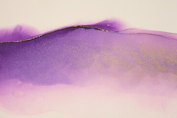 Art flow Abstract watercolor and Alcohol ink marble smoke blot painting. Violet, beige and gold...
