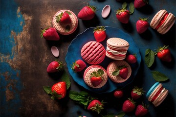  a plate of strawberry shortcakes and strawberry shortcakes with strawberries on a blue plate with spoons and spoons on a blue background with a few strawberries. Generative AI