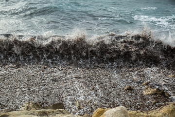 Wellen spülen Seegras an die Küste