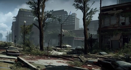 Post-Apocalypse Abandoned City Streets Buildings Created with Generative AI Technology