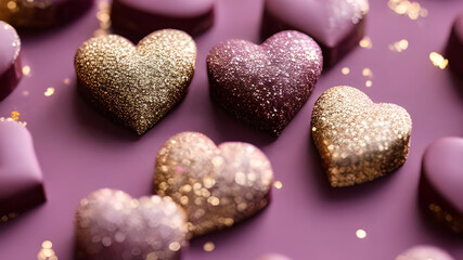 Naklejka na ściany i meble Beautiful chocolate hearts with golden sparkle on a purple & pink bokeh background. Valentine's Day, sweet romance, love, affection, Mother's Day, friendship. Flat lay, copy space, generative AI