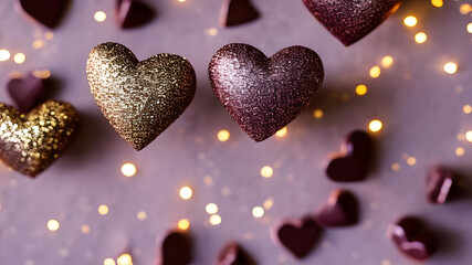 Beautiful chocolate hearts with golden sparkle on a purple & pink bokeh background. Valentine's Day, sweet romance, love, affection, Mother's Day, friendship. Flat lay, copy space, generative AI