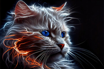 Naklejka premium Cat portrait with neon glowing fur against dark background made with Generative AI