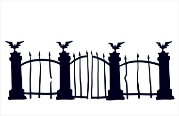 Old fence of cemetery. Halloween decoration. Black silhouette of gloomy wall.