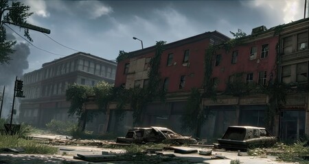 Fototapeta premium Post-Apocalypse Abandoned City Streets Buildings Created with Generative AI Technology