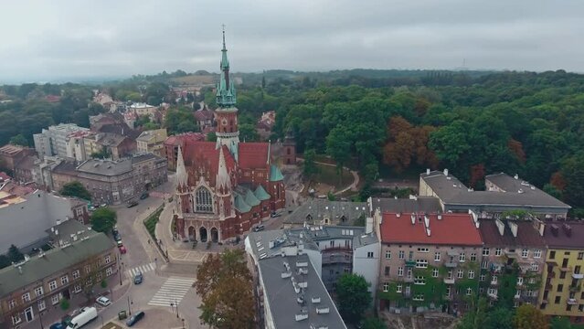 aerial view of Warsaw old town, historical centre of Warsaw at sunrise, flying above Warsaw royal castle, capital of Poland, tourism in Eastern Europe. High quality 4k footage