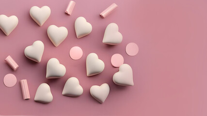 Smooth white chocolate hearts & candy pattern on a pink paper background. Valentine's Day, Mother's Day, friendship, wedding, romance, newborn, love concept. Flat lay with copy space. Generative AI