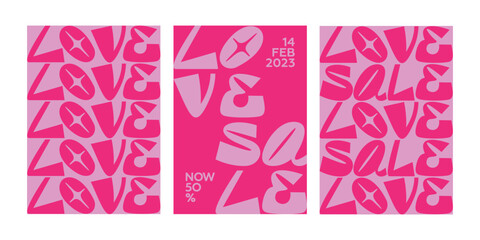 Fototapeta premium Promo campaign for valentine's day. Set of bright pink simple layout A5 posters and flyers for print. Message for improving sale in supermarket, store. Printable template. Love. Banner. 