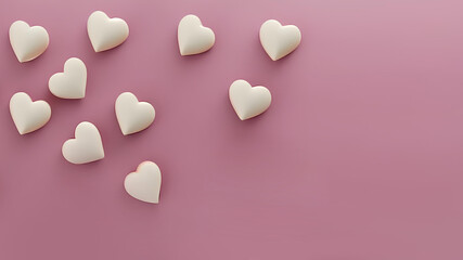 Fototapeta premium Smooth white chocolate hearts on a pink paper background. Modern and trendy. Valentine's Day, Mother's Day, friendship, wedding, romance, newborn, love concept. Flat lay with copy space. Generative AI