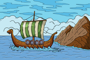 Viking boat at sea. Swedish warship. Longship with oars. Cartoon scandinavian sailboat. Nordic Drakkar - obrazy, fototapety, plakaty